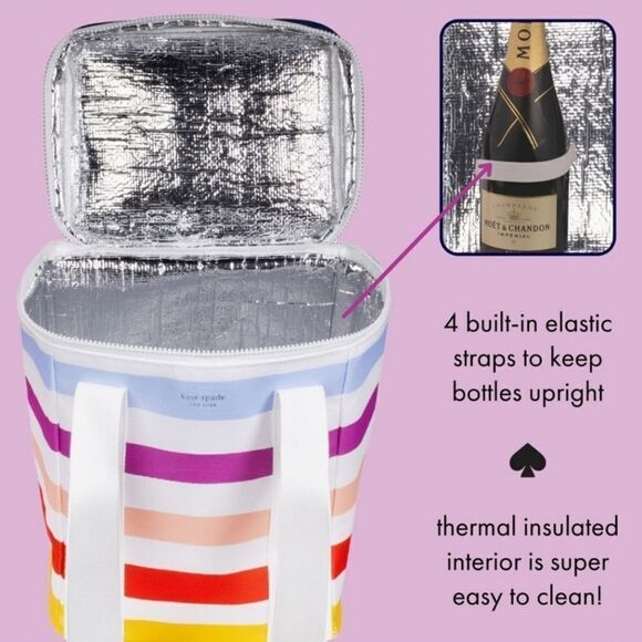 NEW KATE SPADE PICNIC COOLER INSULATED RAINBOW STRIPE WATER RESISTANT TRAVEL BAG - Picture 3 of 11